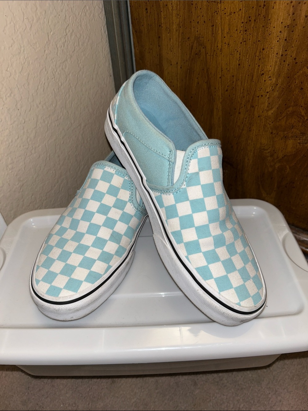 Vans women’s Slip-On Sneakers in Light Blue and White Checkerboard